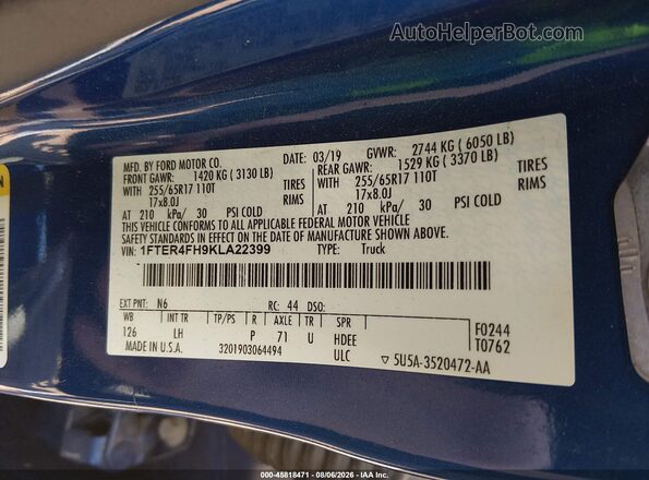 1FTER4FH9KLA22399 2019 FORD RANGER Синий Вид подкапотного пространства