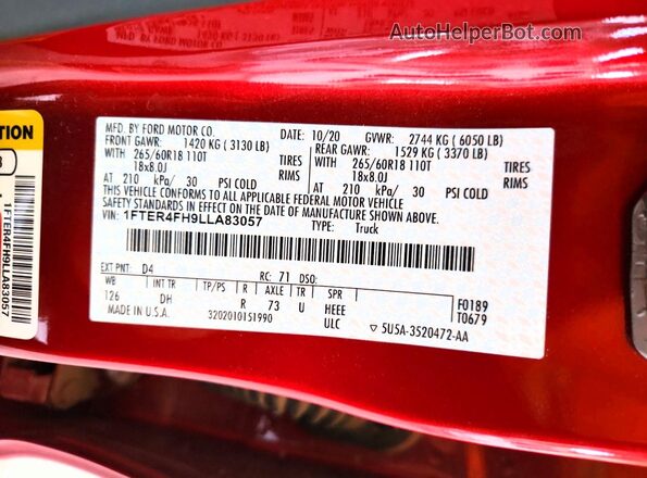 1FTER4FH9LLA83057 2020 FORD RANGER Red Widok komory silnika