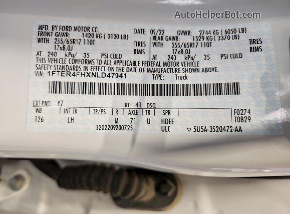 1FTER4FHXNLD47941 2022 FORD RANGER White Widok komory silnika