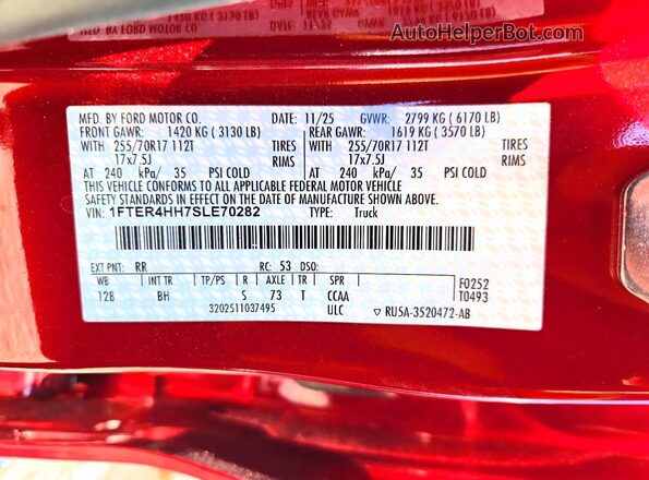 1FTER4HH7SLE70282 2025 FORD RANGER Red VIN կոդի պիտակի տեսք