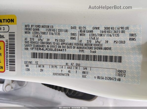 1FTER4LR3SLE04411 2025 FORD RANGER White Շարժիչի բաժամունքի տեսք