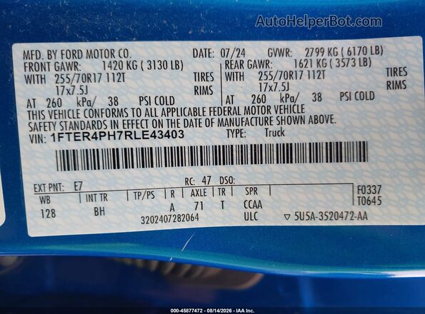 1FTER4PH7RLE43403 2024 FORD RANGER Синий Вид подкапотного пространства