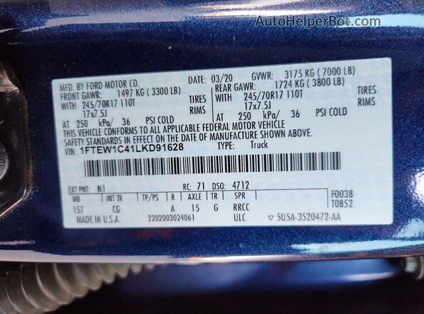 1FTEW1C41LKD91628 2020 FORD F150 Blue Շարժիչի բաժամունքի տեսք