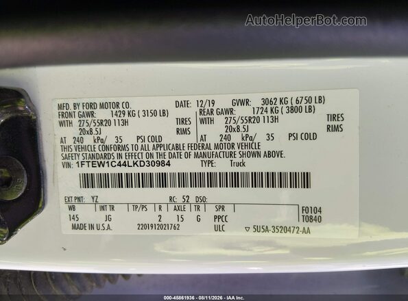1FTEW1C44LKD30984 2020 FORD F150 White ძრავის განყოფილების ხედი