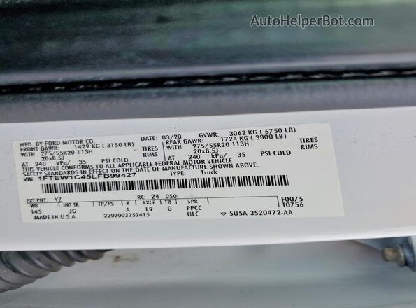 1FTEW1C45LFB99427 2020 FORD F150 White Widok komory silnika