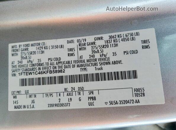 1FTEW1C46KFB58982 2019 FORD F150 Silver Vista del compartimento del motor