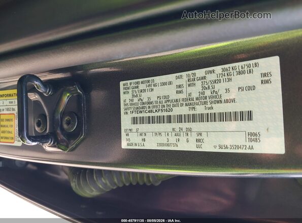 1FTEW1C48LKF51620 2020 FORD F150 Gray Widok komory silnika