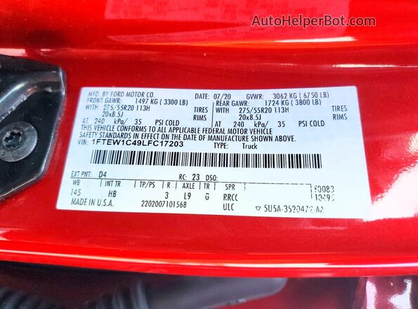 1FTEW1C49LFC17203 2020 FORD F150 Red VIN կոդի պիտակի տեսք