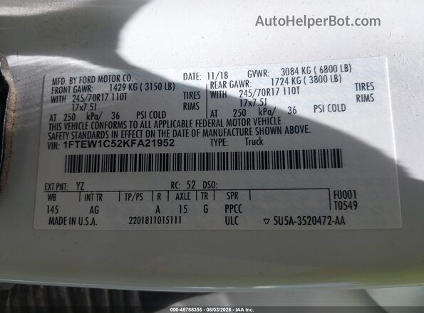1FTEW1C52KFA21952 2019 FORD F150 White ძრავის განყოფილების ხედი