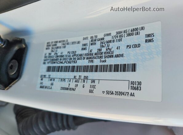 1FTEW1C54LFC62753 2020 FORD F150 White VIN կոդի պիտակի տեսք