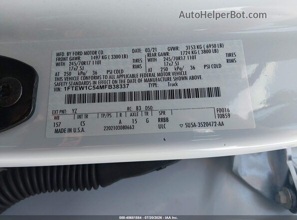1FTEW1C54MFB38337 2021 FORD F150 Белый Вид подкапотного пространства
