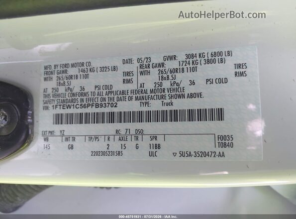 1FTEW1C56PFB93702 2023 FORD F150 White Widok komory silnika