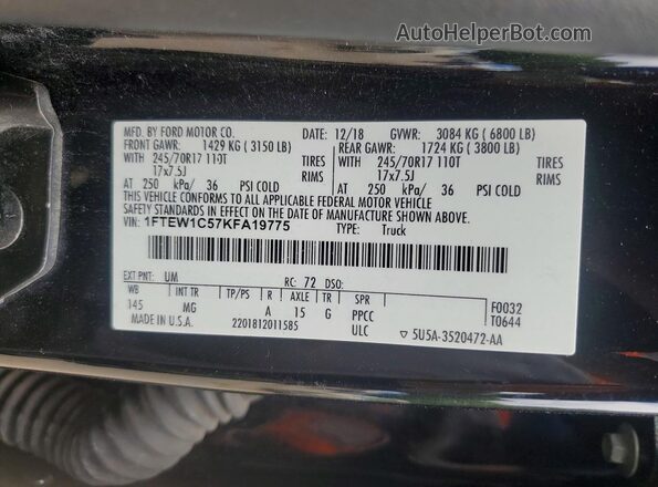 1FTEW1C57KFA19775 2019 FORD F150 Black Вид наклейки з VIN-кодом