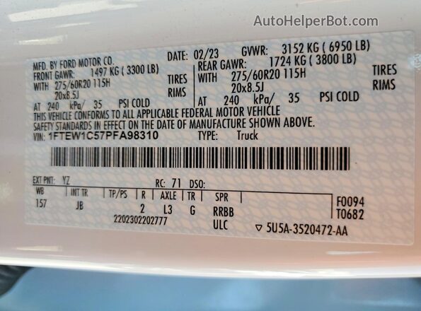 1FTEW1C57PFA98310 2023 FORD F150 White VIN კოდის სტიკერის ხედი
