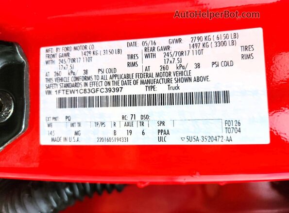 1FTEW1C83GFC39397 2016 FORD F150 Red Вид підкапотного простору