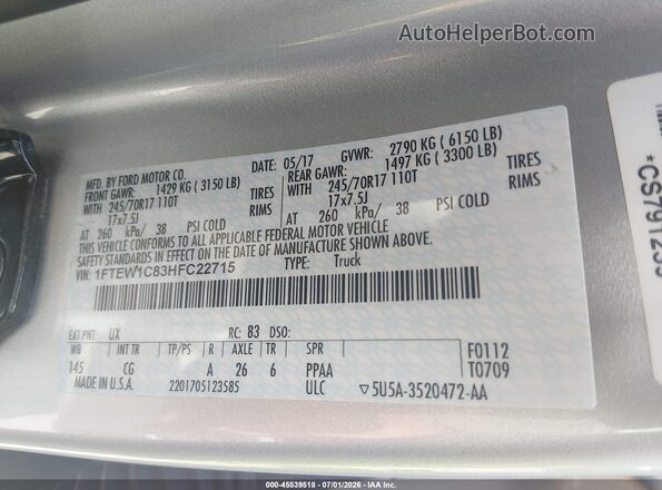 1FTEW1C83HFC22715 2017 FORD F150 Silver Vista del compartimento del motor