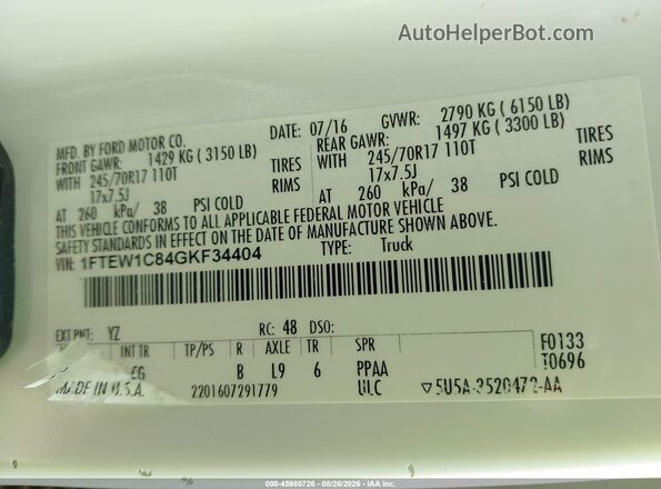 1FTEW1C84GKF34404 2016 FORD F150 White ძრავის განყოფილების ხედი