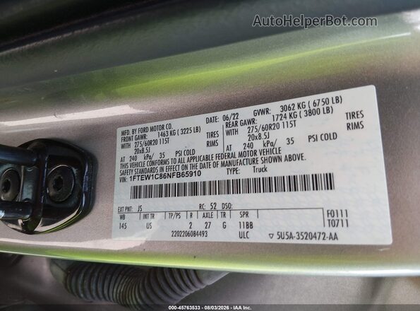 1FTEW1C86NFB65910 2022 FORD F150 Silver ძრავის განყოფილების ხედი