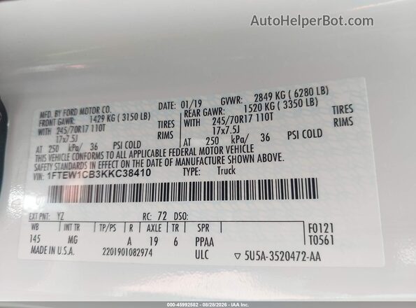 1FTEW1CB3KKC38410 2019 FORD F150 White Вид підкапотного простору