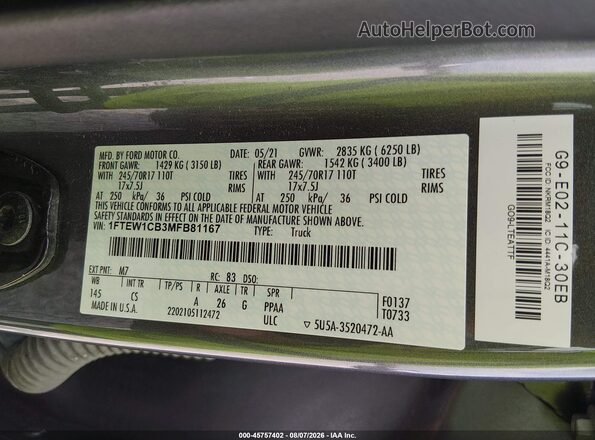 1FTEW1CB3MFB81167 2021 FORD F150 Gray Vista del compartimento del motor