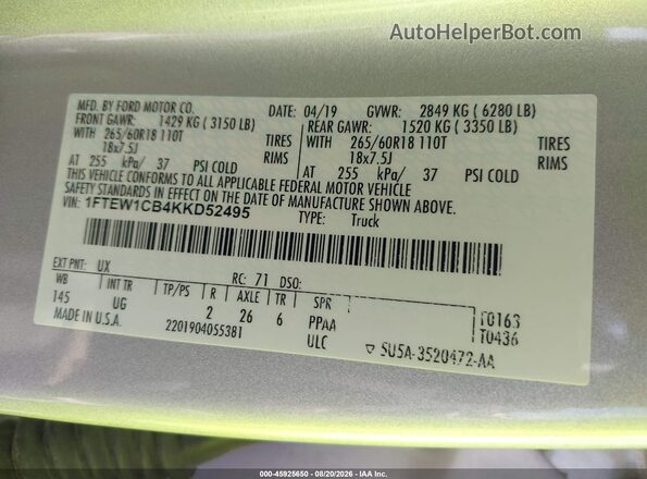 1FTEW1CB4KKD52495 2019 FORD F150 Silver ძრავის განყოფილების ხედი