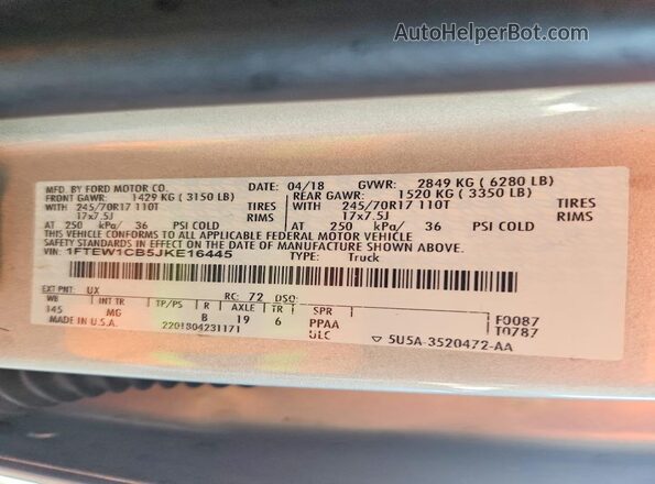 1FTEW1CB5JKE16445 2018 FORD F150 Silver VIN sticker view