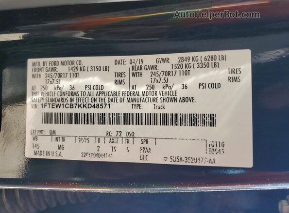 1FTEW1CB7KKD48571 2019 FORD F150 Черный Вид подкапотного пространства