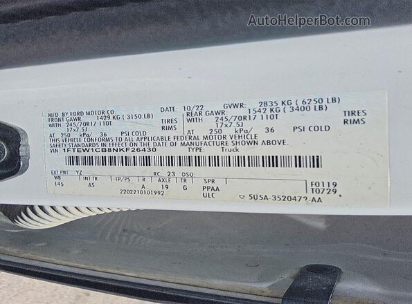 1FTEW1CB8NKF26430 2022 FORD F150 White Widok komory silnika