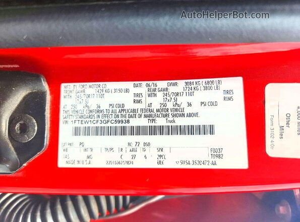 1FTEW1CF3GFC59938 2016 FORD F150 Red Vista del compartimento del motor