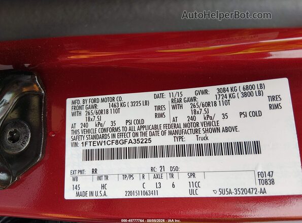 1FTEW1CF8GFA35225 2016 FORD F150 Red Շարժիչի բաժամունքի տեսք