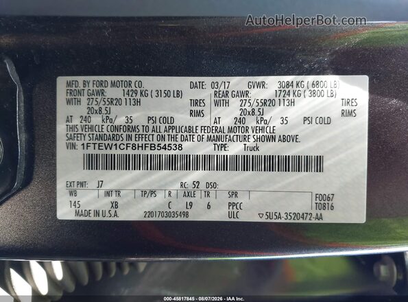 1FTEW1CF8HFB54538 2017 FORD F150 Gray Vista del compartimento del motor