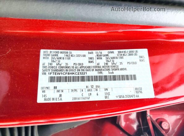 1FTEW1CF8HKC23221 2017 FORD F150 Красный Вид подкапотного пространства