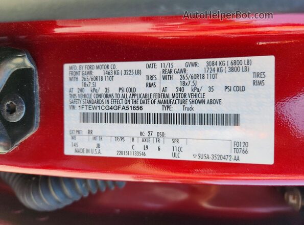 1FTEW1CG4GFA51656 2016 FORD F150 Red Вид підкапотного простору