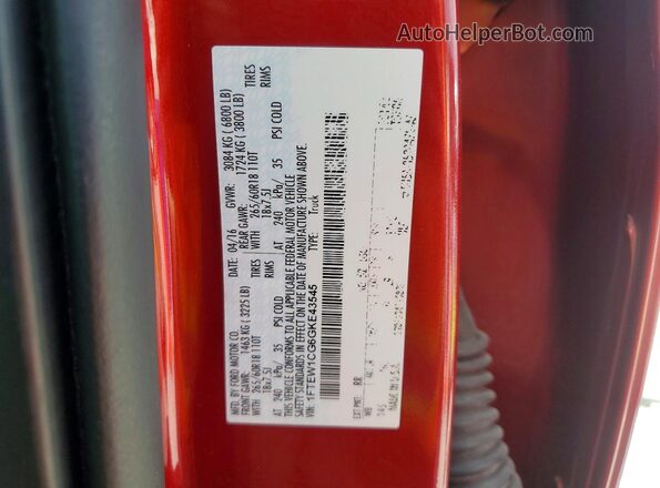 1FTEW1CG6GKE43545 2016 FORD F150 Red Vista de la etiqueta del VIN