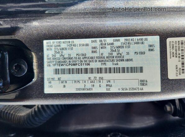 1FTEW1CP0MFC51106 2021 FORD F150 Gray Widok komory silnika