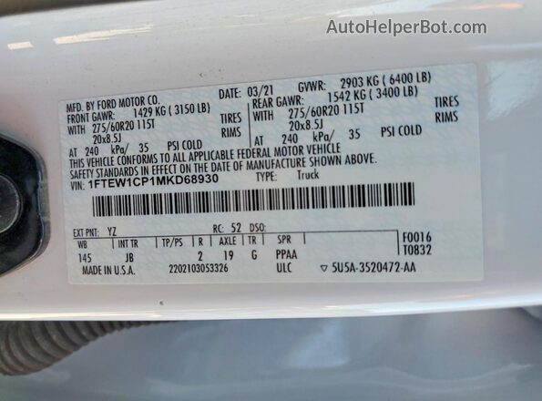 1FTEW1CP1MKD68930 2021 FORD F150 White Вид наклейки з VIN-кодом