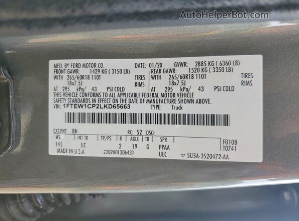 1FTEW1CP2LKD65663 2020 FORD F150 Gray Widok komory silnika