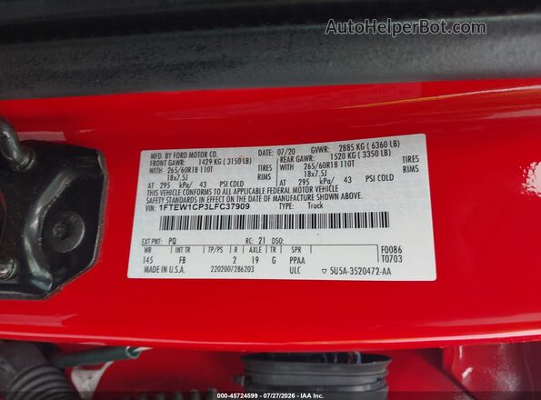 1FTEW1CP3LFC37909 2020 FORD F150 Red Widok komory silnika