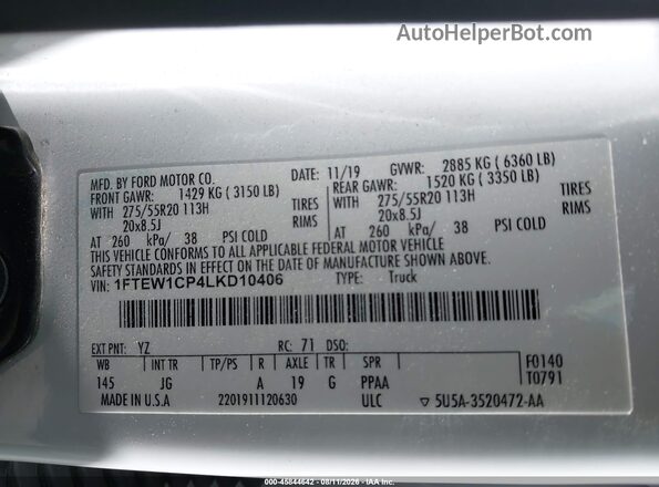 1FTEW1CP4LKD10406 2020 FORD F150 Белый Вид подкапотного пространства