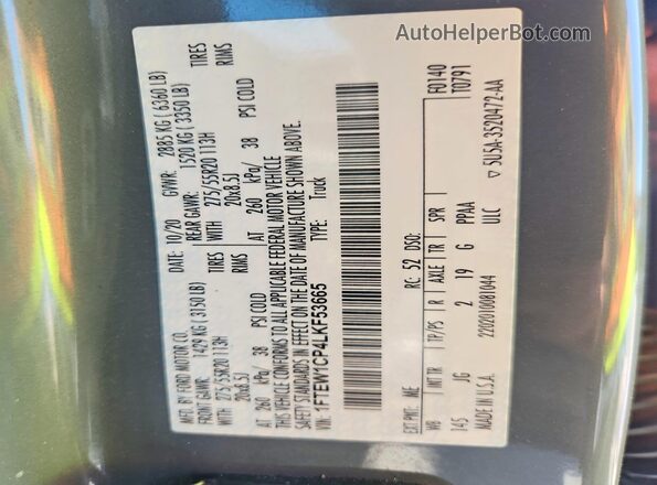1FTEW1CP4LKF53665 2020 FORD F150 Gray VIN sticker view
