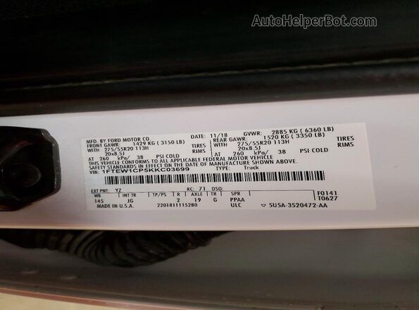 1FTEW1CP5KKC03699 2019 FORD F150 Белый Вид наклейки с VIN-кодом