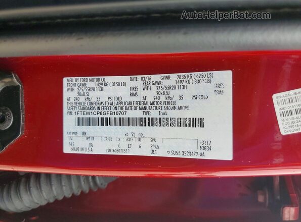 1FTEW1CP6GFB10707 2016 FORD F150 Red Vista del compartimento del motor