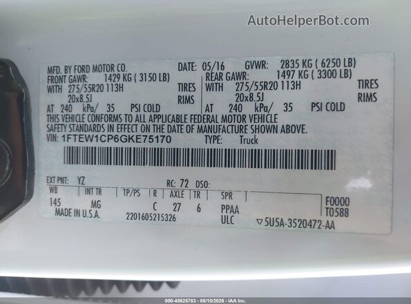 1FTEW1CP6GKE75170 2016 FORD F150 White Widok komory silnika