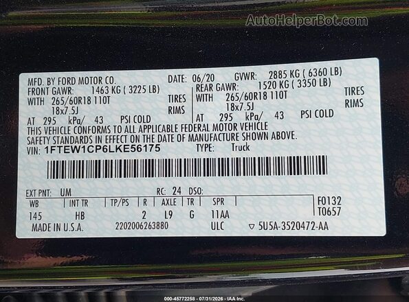 1FTEW1CP6LKE56175 2020 FORD F150 Black Вид підкапотного простору