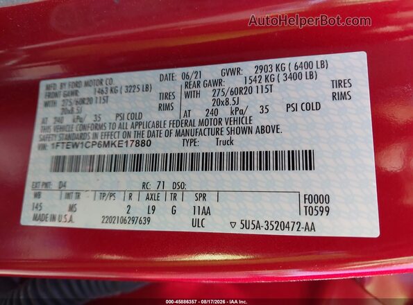 1FTEW1CP6MKE17880 2021 FORD F150 Red ძრავის განყოფილების ხედი