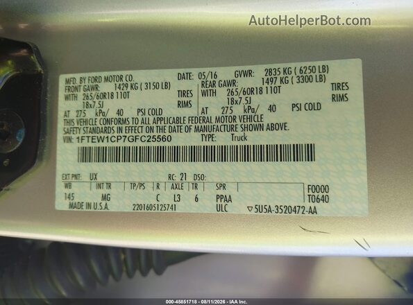 1FTEW1CP7GFC25560 2016 FORD F150 Silver Engine compartment view