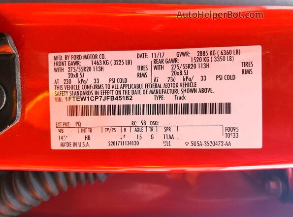 1FTEW1CP7JFB45182 2018 FORD F150 Red Вид наклейки з VIN-кодом