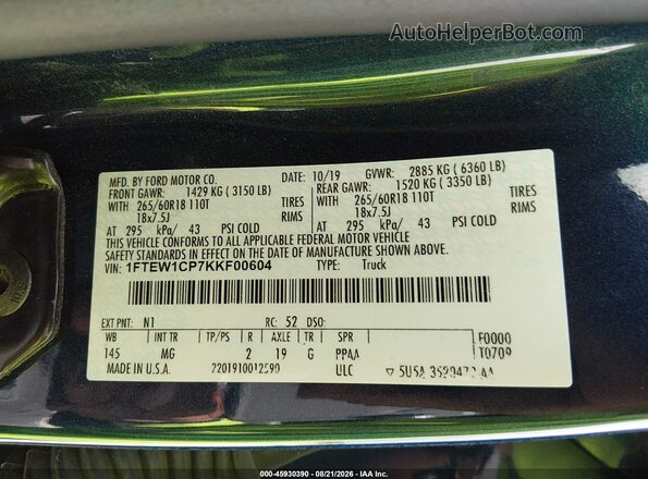 1FTEW1CP7KKF00604 2019 FORD F150 Blue Vista del compartimento del motor