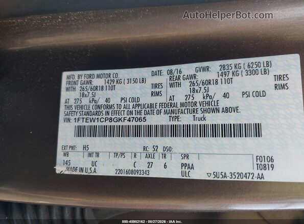 1FTEW1CP8GKF47065 2016 FORD F150 Brown Vista del compartimento del motor