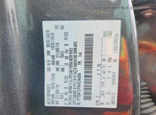 1FTEW1CP9KKD46896 2019 FORD F150 Charcoal Widok naklejki z numerem VIN